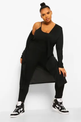 Plus Soft Rib Jumpsuit And Cardigan Two-Piece