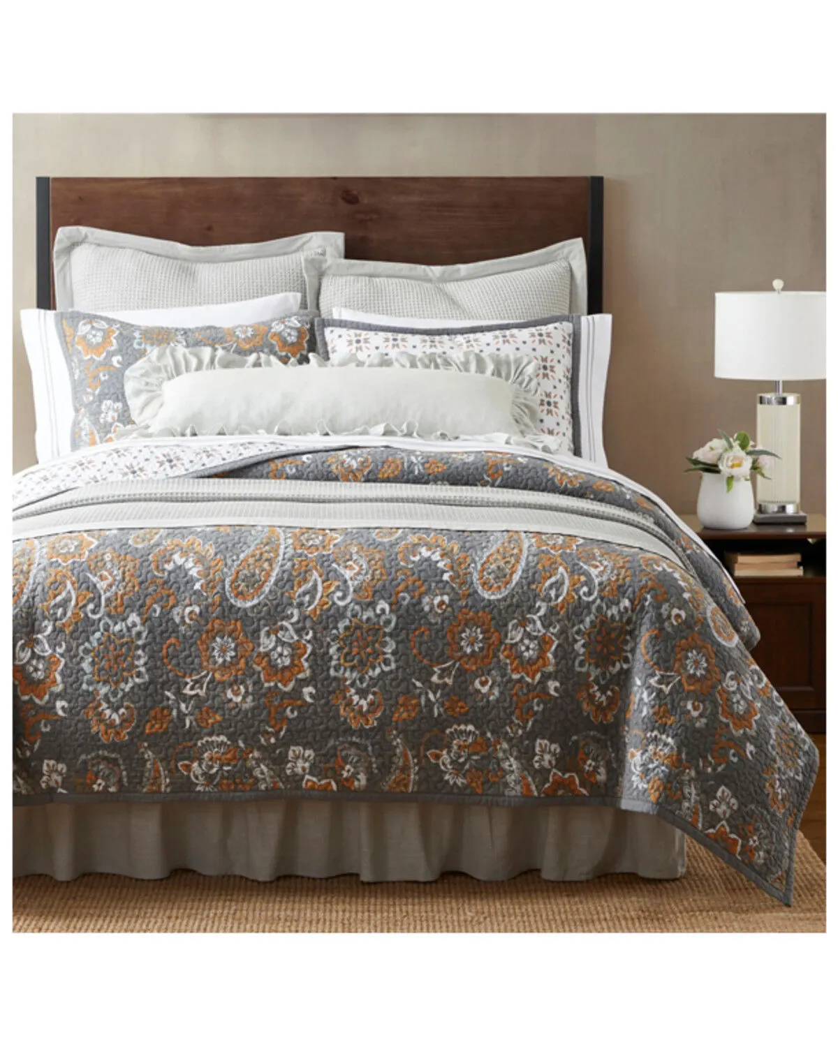 Product Name:  HiEnd Accents Gray Abbie Western Paisley Reversible 3-Piece King Quilt Set