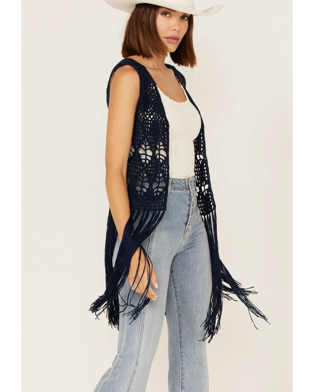 Product Name:  Rock & Roll Denim Women's Crochet Knit Fringe Vest