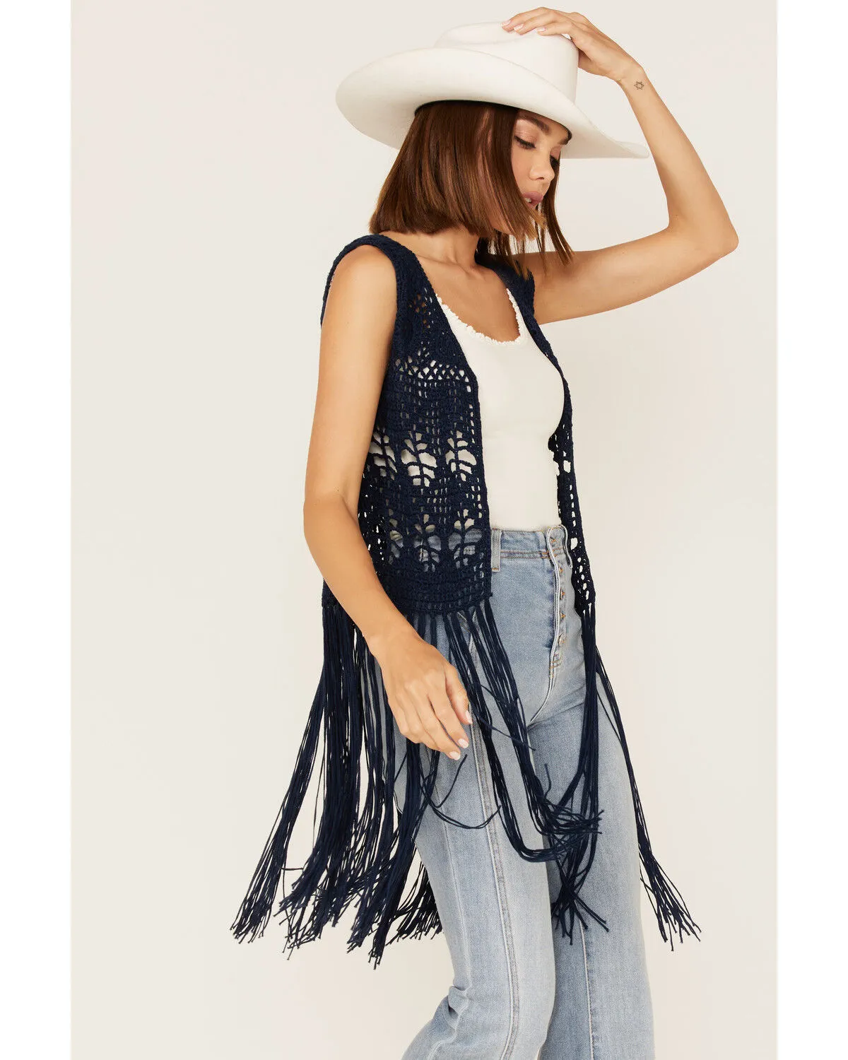 Product Name:  Rock & Roll Denim Women's Crochet Knit Fringe Vest