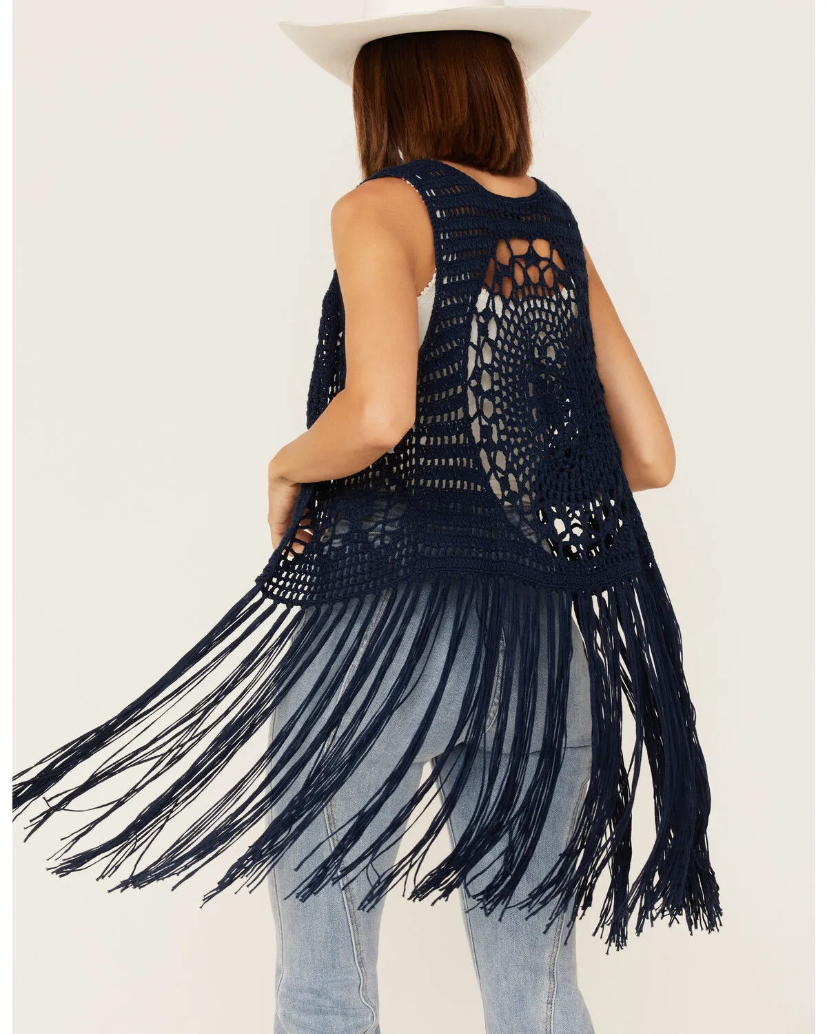 Product Name:  Rock & Roll Denim Women's Crochet Knit Fringe Vest