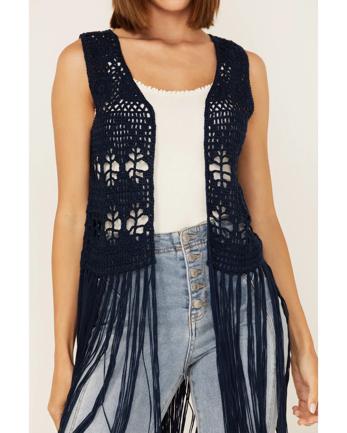 Product Name:  Rock & Roll Denim Women's Crochet Knit Fringe Vest