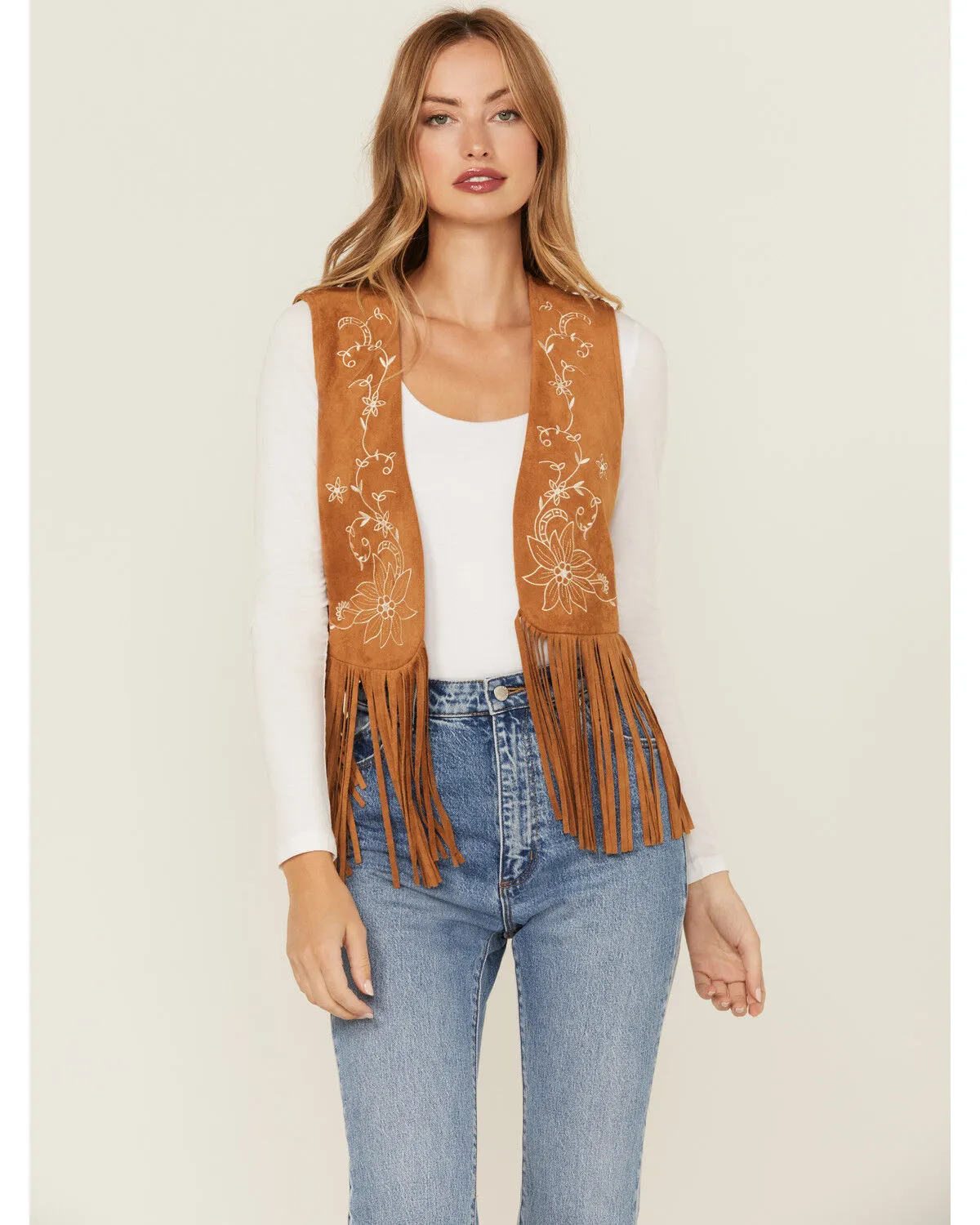 Product Name:  Vocal Women's Floral Embroidered Faux Suede Fringe Vest