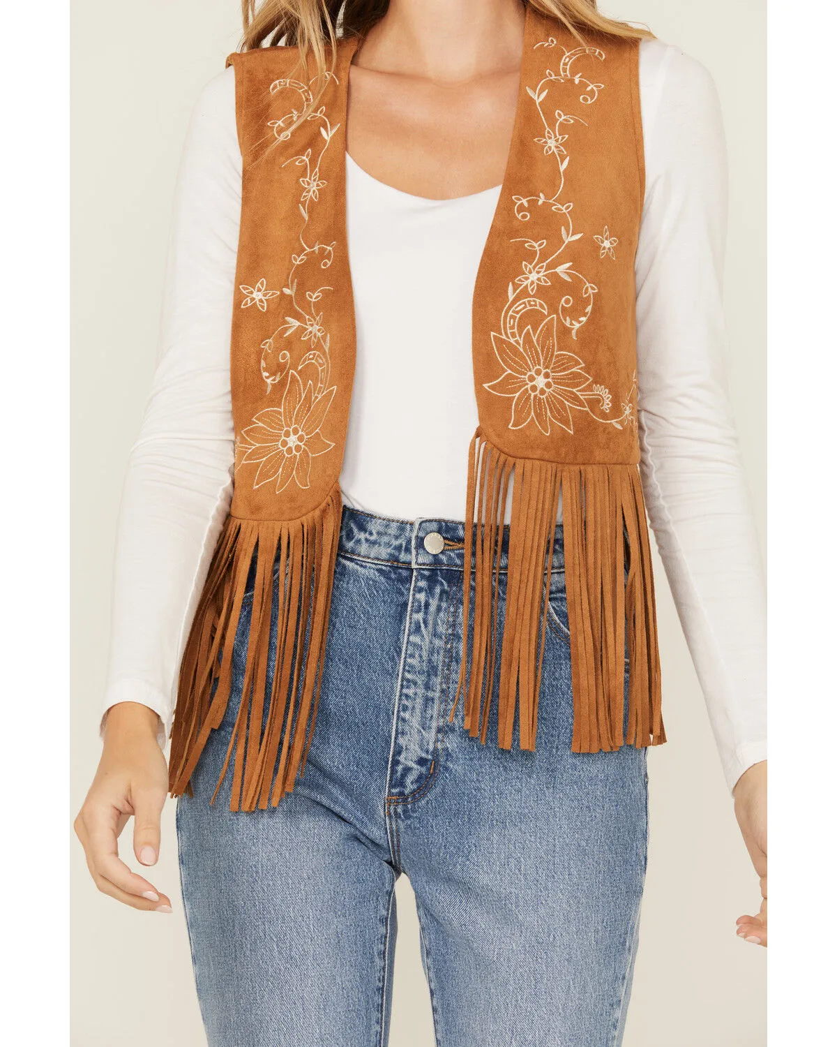 Product Name:  Vocal Women's Floral Embroidered Faux Suede Fringe Vest