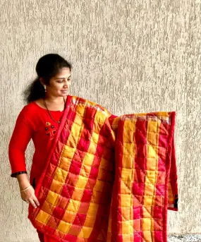 Red and yellow multicolor Quilt with Hand stitch Godhadi (quilt) art