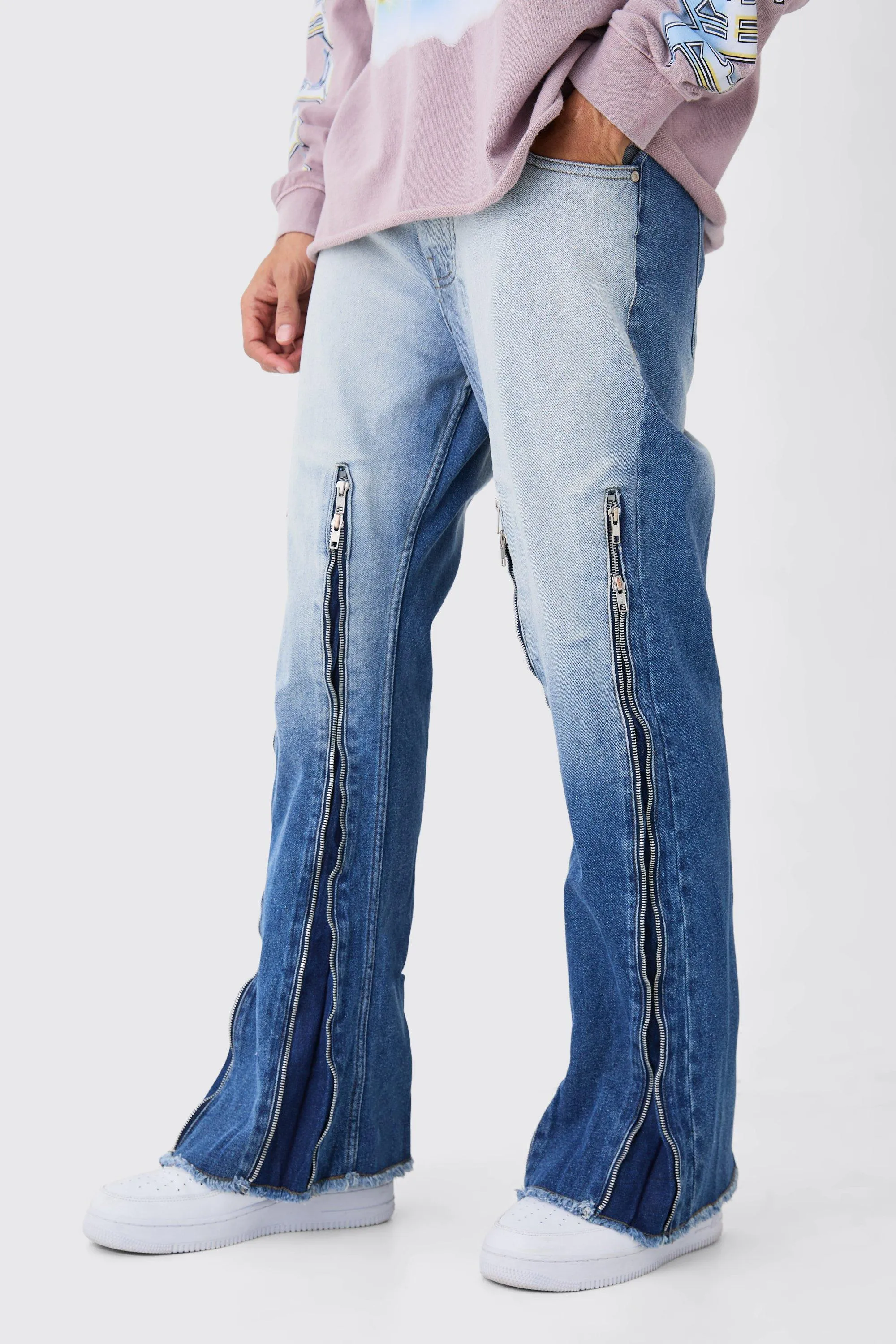 Relaxed Rigid Flare Multi Zip Gusset Jeans In Light Blue