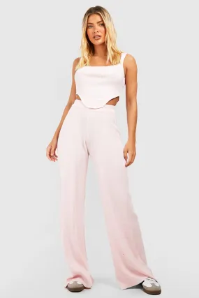 Rib Knit Curved Hem Corset Crop Top And Wide Leg Pants