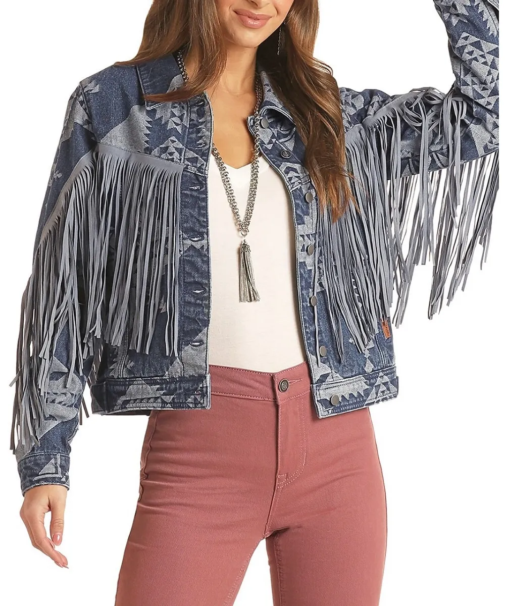 Rock & Roll Cowgirl Women's Aztec Fringe Denim Jacket