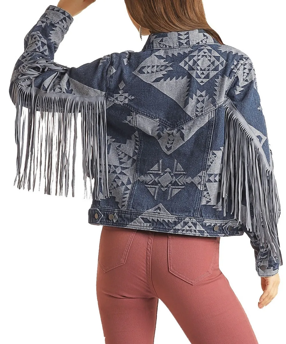 Rock & Roll Cowgirl Women's Aztec Fringe Denim Jacket