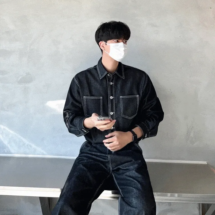 RT No. 6820 BLACK DENIM WHITE OUTLINE SHIRT JK & STRAIGHT JEANS