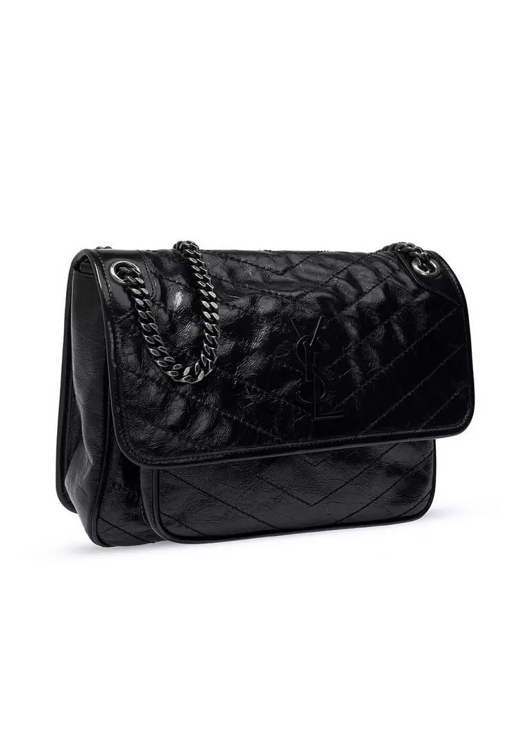 SAINT LAURENT Yves Saint Laurent Niki Medium In Crinkled Vintage Leather Crossbody Bag in Black