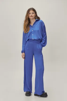 Satin Collared Shirt And Wide Leg Pants Set