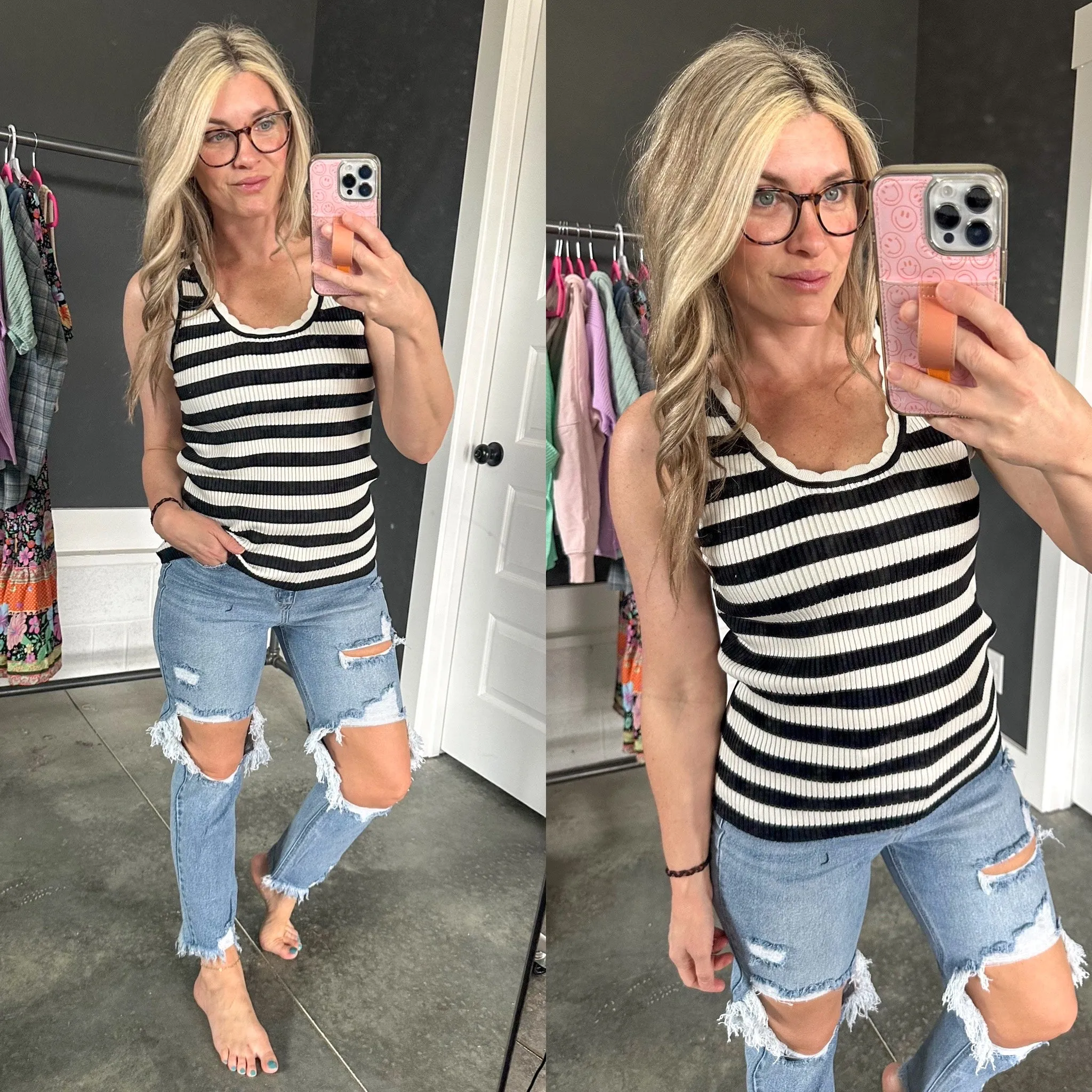 Scalloped Sleeveless Top In Black & White Stripes