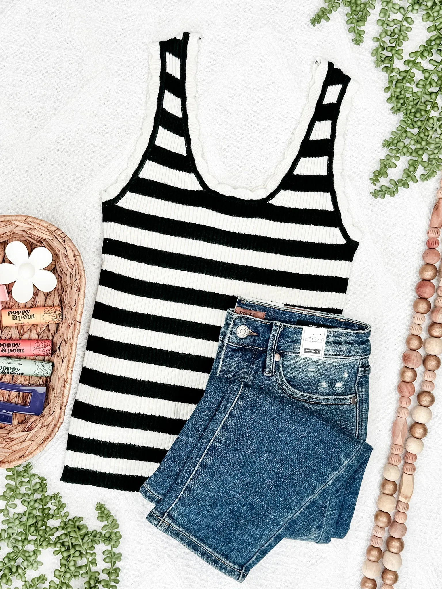 Scalloped Sleeveless Top In Black & White Stripes