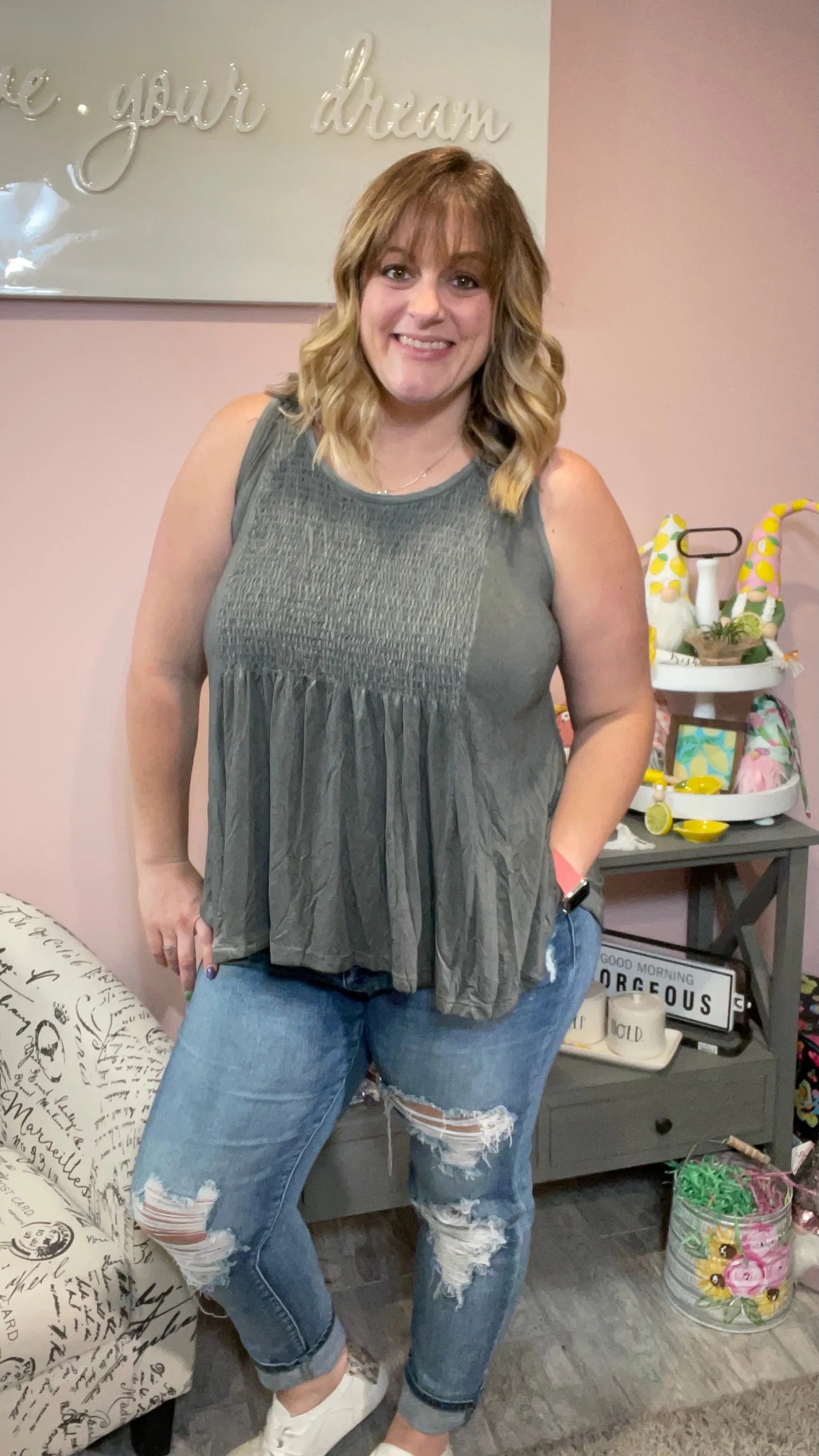 Sleeveless Babydoll Top with Smocked Details