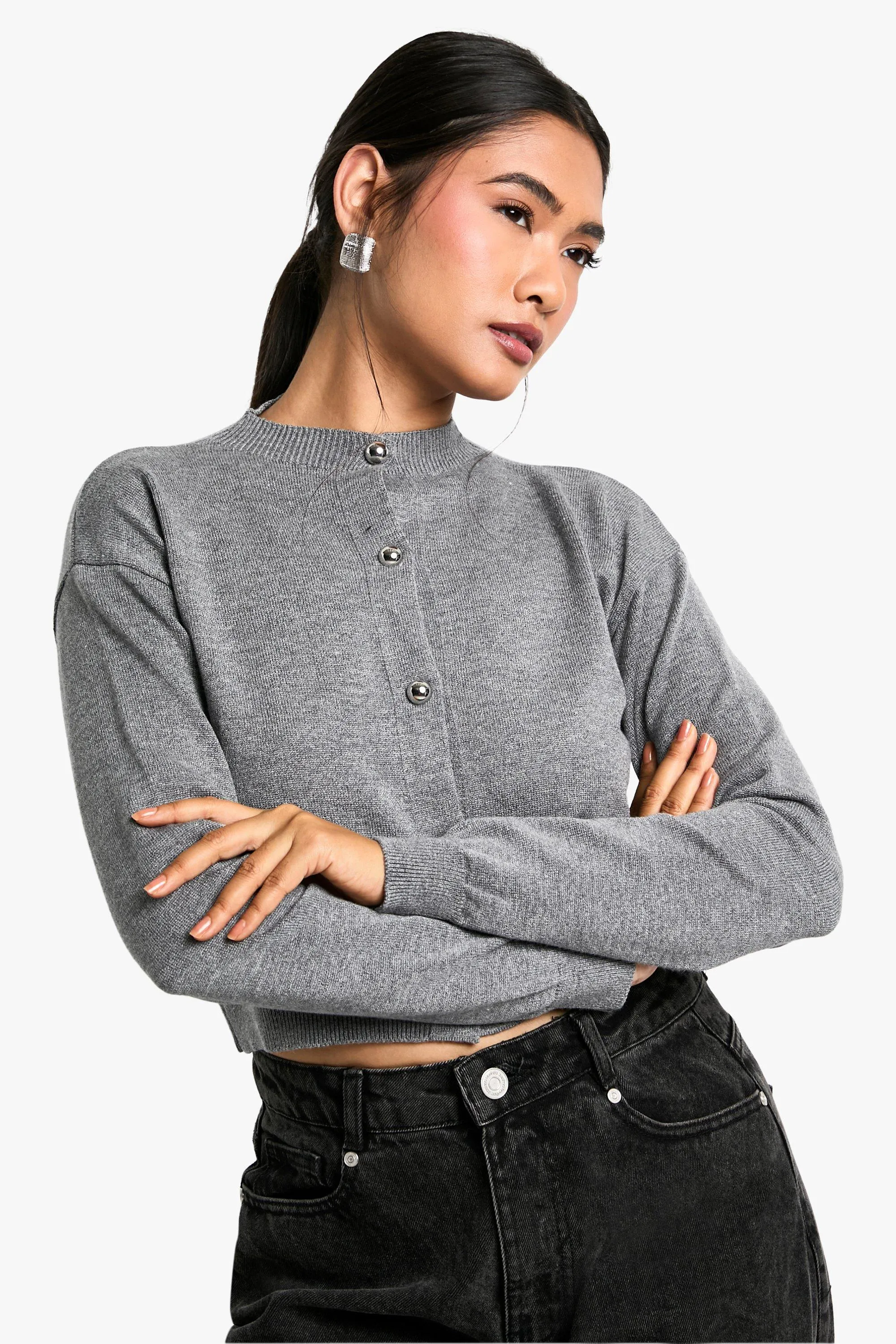 Soft Knit Boxy Crop High Neck Cardigan