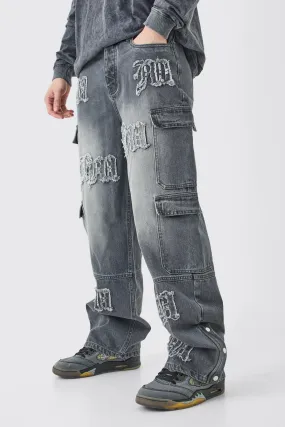 Tall Baggy Rigid Bm Applique Multi Pocket Cargo Jeans | boohooMAN UK