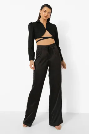 Tie Waist Woven Wide Leg Pants