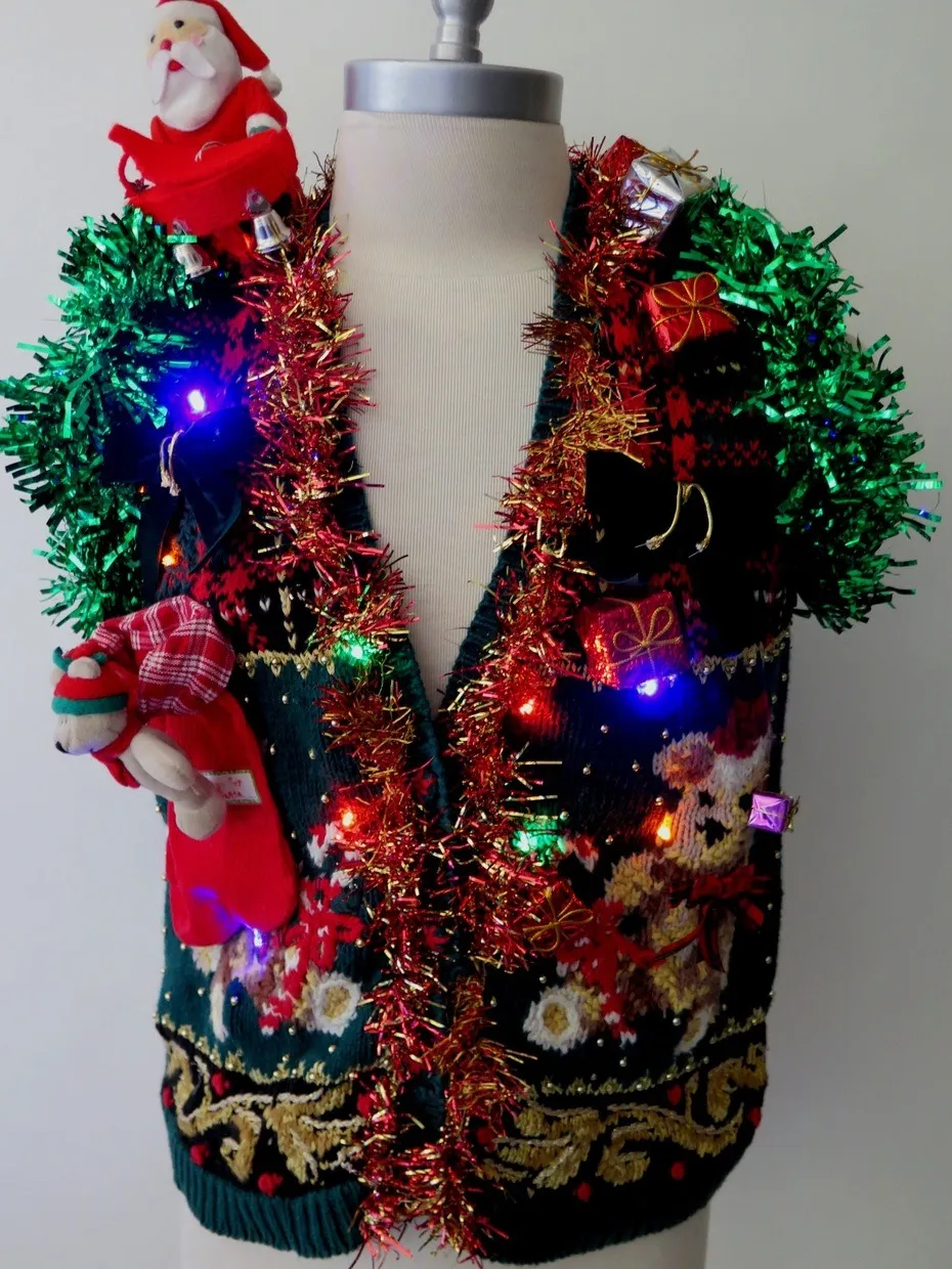 Ugly Christmas Vest Light up  Jingle Bells Santa Unisex Large Repulsive Bear