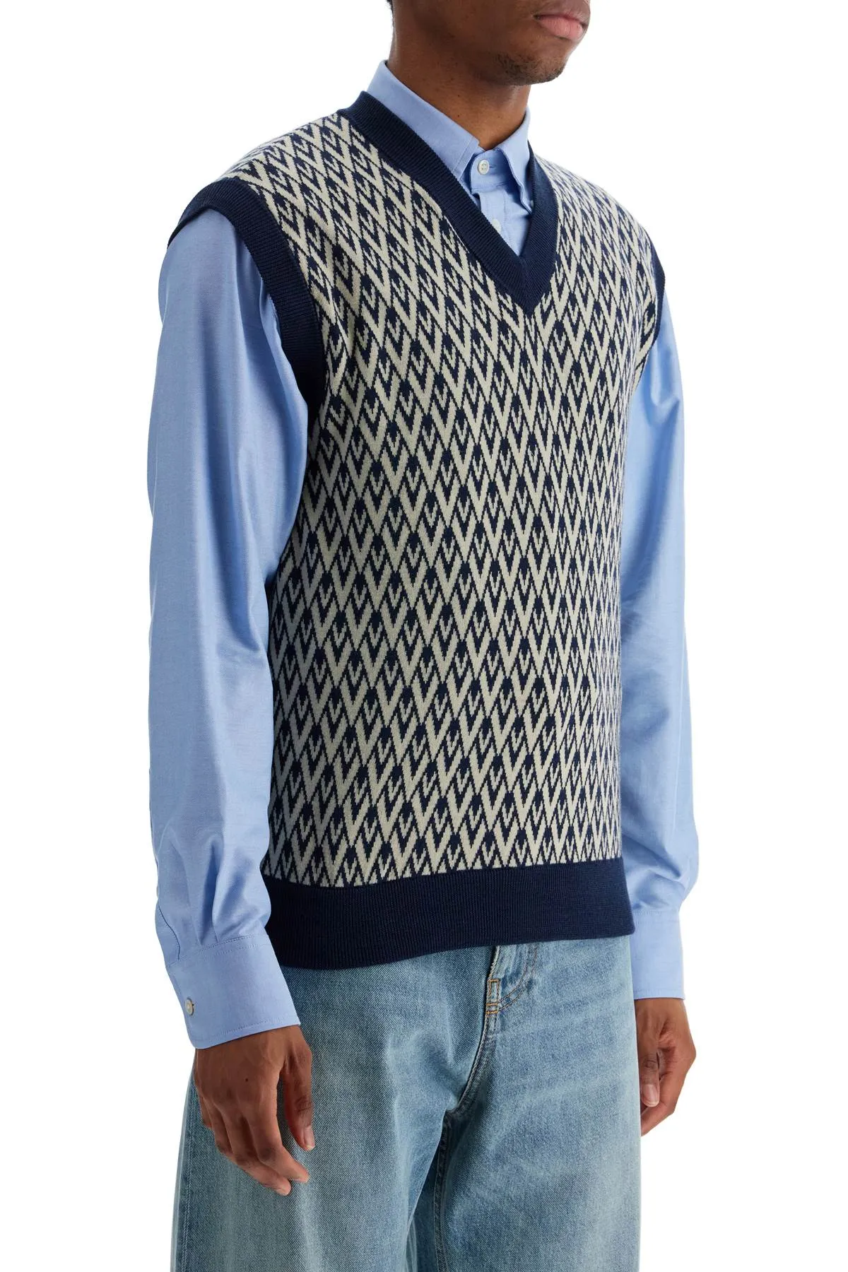 Valentino Garavani Men' Navy Virgin Wool Vest With Pattern