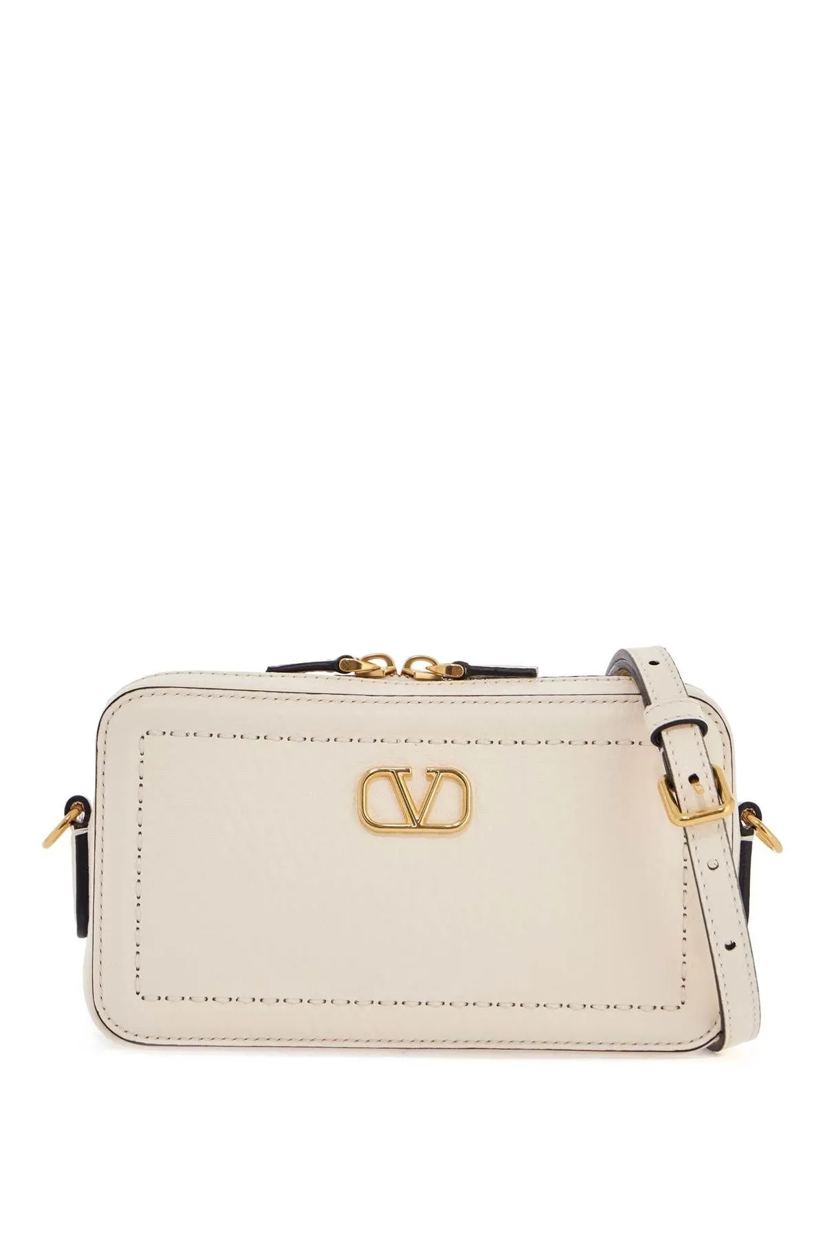 Valentino Garavani Mini Camera Case In Ivory Leather With Adjustable Strap And Golden Details