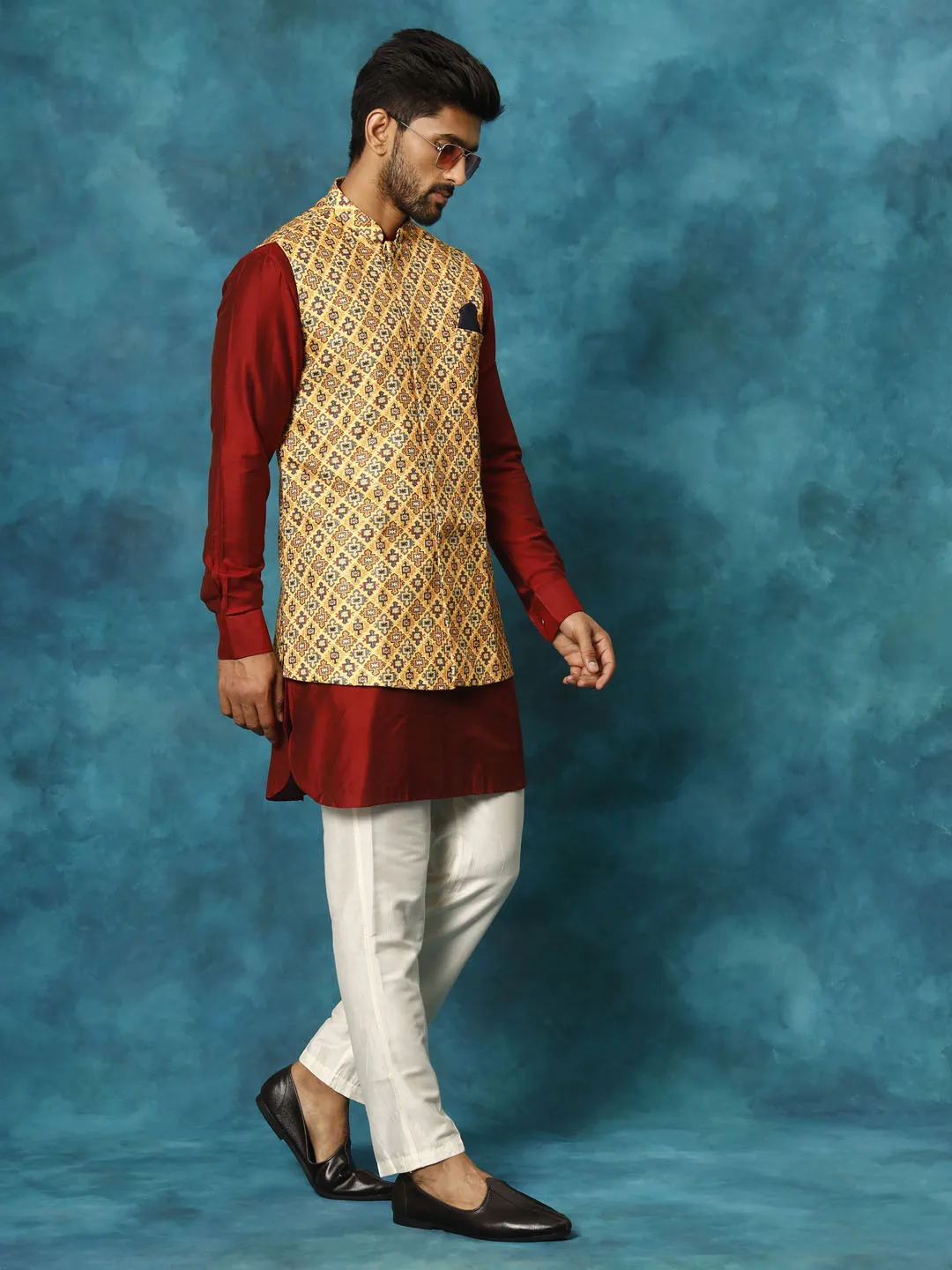 VASTRAMAY Men's Mustard Geometric Printed Nehru Jacket With Curved Kurta And Pant Set