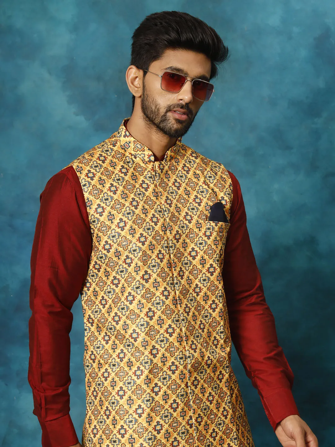 VASTRAMAY Men's Mustard Geometric Printed Nehru Jacket With Curved Kurta And Pant Set