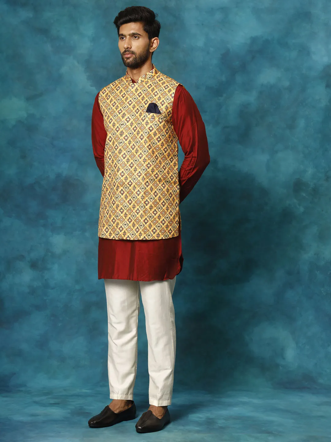 VASTRAMAY Men's Mustard Geometric Printed Nehru Jacket With Curved Kurta And Pant Set