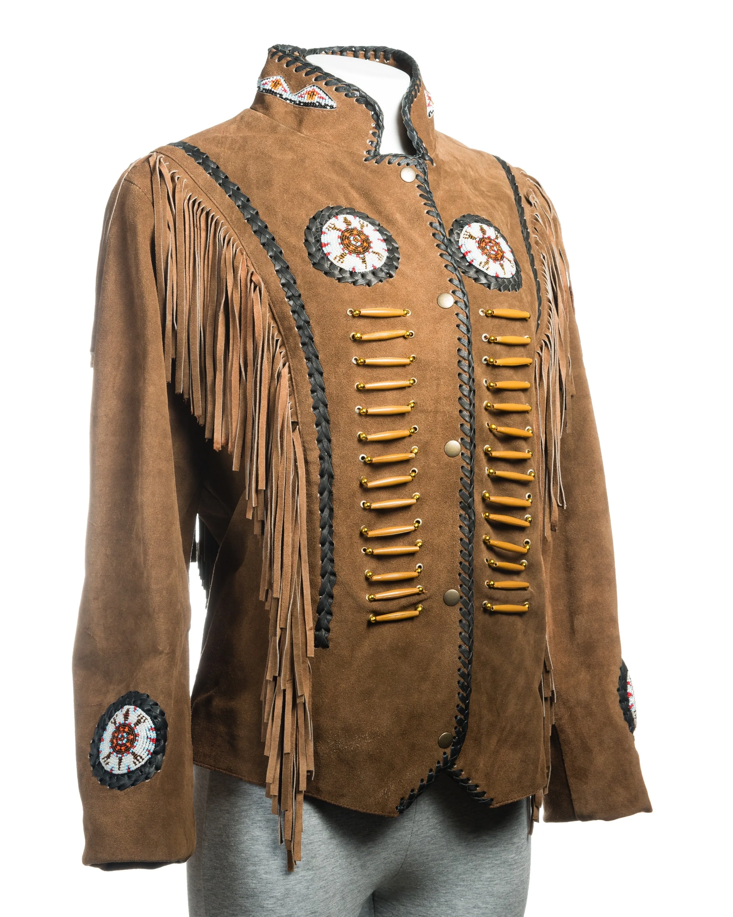 Women's Tan Suede Native American Style Jacket with Fringe and Beads - Navajo Ladies