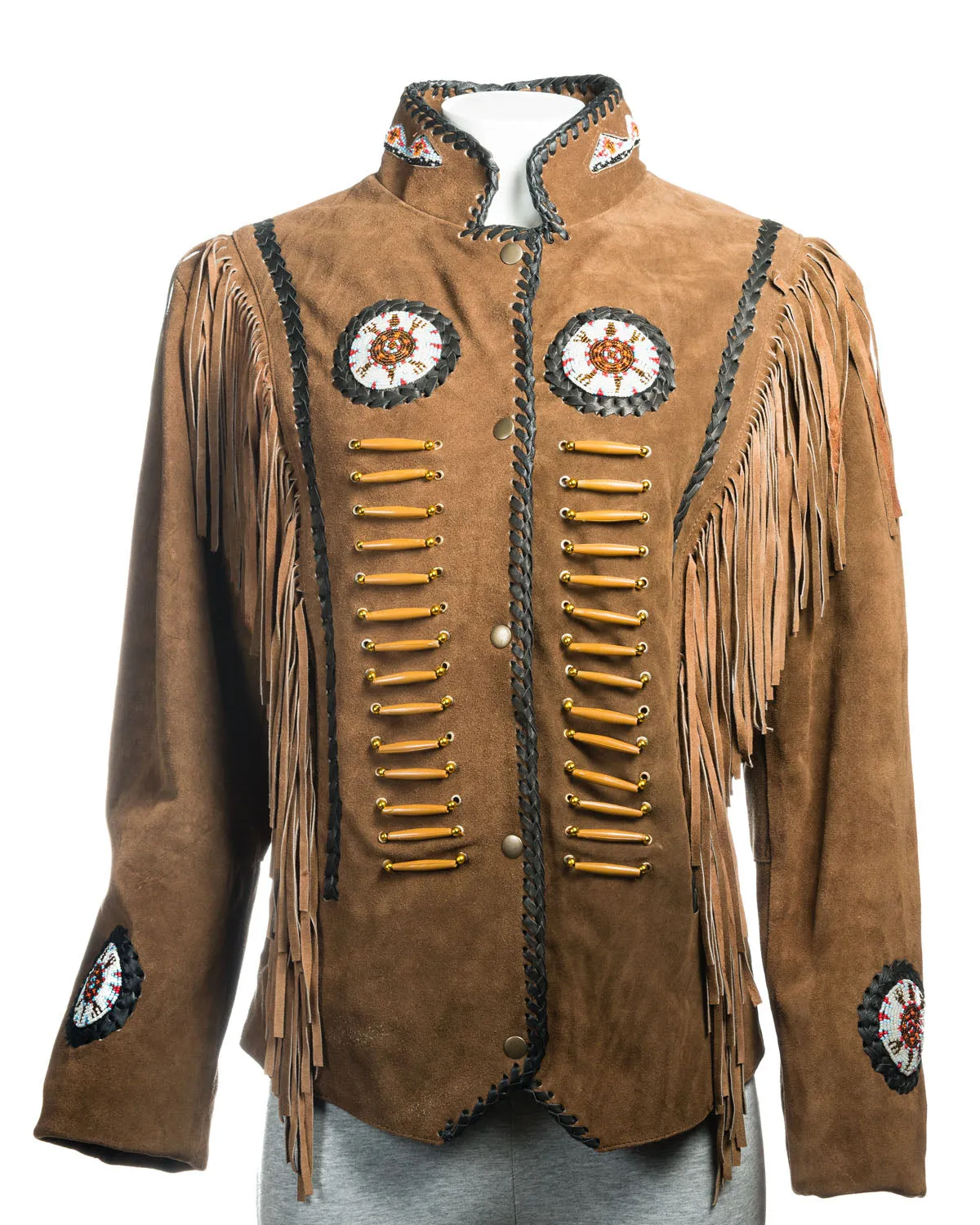 Women's Tan Suede Native American Style Jacket with Fringe and Beads - Navajo Ladies