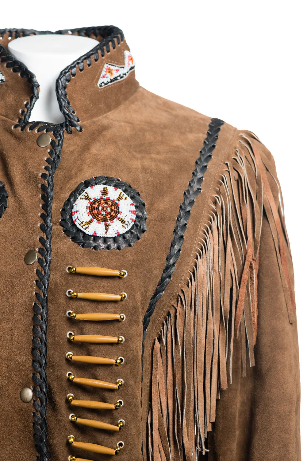 Women's Tan Suede Native American Style Jacket with Fringe and Beads - Navajo Ladies