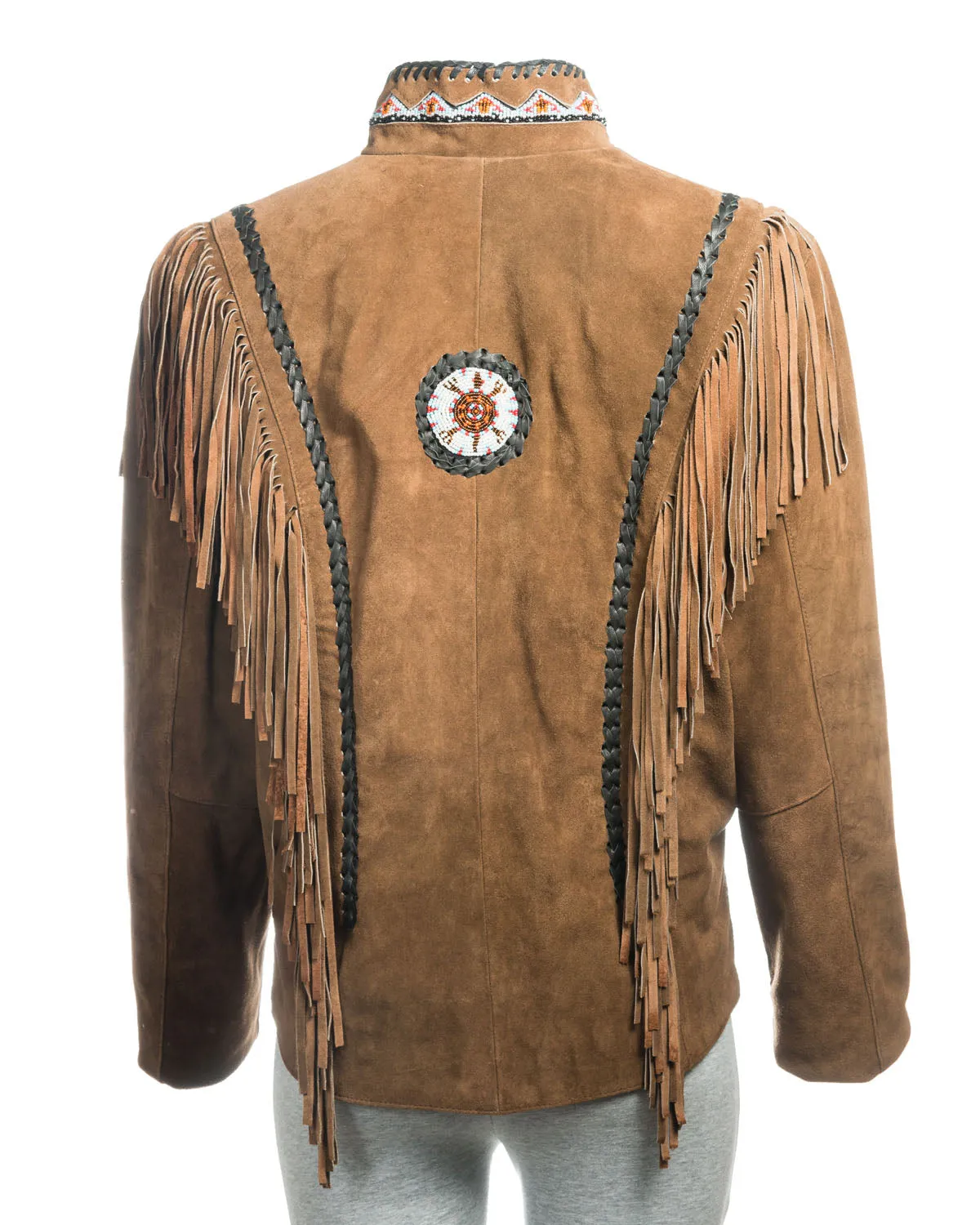 Women's Tan Suede Native American Style Jacket with Fringe and Beads - Navajo Ladies