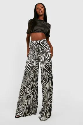 Zebra Pleated Satin Floor Length Wide Leg Pants